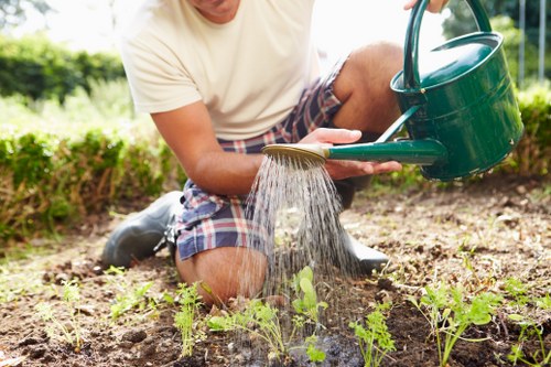 Landscaping team with protective equipment and waste removal tools in Stoke Newington