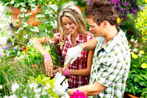In a lush, vibrant garden setting, a man and woman are engaged in gardening activities among an array of plants, shrubs, and flowering flowers. The foreground features a well-maintained lawn with dense, green grass, bordered by flower beds containing a variety of colourful blooms and leafy foliage. Behind them, there are tall hedges and mature trees providing privacy and structure to the outdoor space. The garden includes a mix of wooden decking and paved pathways, creating defined areas for gardening and relaxation. The weather appears sunny with bright natural light illuminating the scene, highlighting the vivid colours and textures of the plants. The individuals are wearing casual clothing suitable for gardening, with the woman dressed in a checked shirt and gloves, and the man in a short-sleeved checked shirt, both smiling as they work together, indicating a scene of outdoor maintenance and landscaping. The detailed environment reflects a thoughtfully landscaped garden typical of Stoke Newington, showcasing outdoor spaces cared for by professionals such as those at Landscapers Stoke Newington, who provide comprehensive gardening services in the local area.