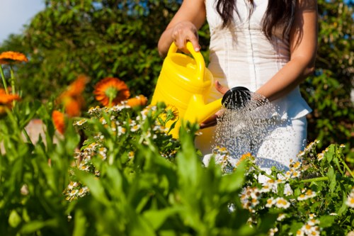 A person with long dark hair, dressed in a white top, is tending to a lush garden in a residential outdoor space. They are holding a yellow watering can, watering a bed of mixed flowering plants and greenery. The garden features a mix of vibrant orange, white, and yellow flowers, along with dense green foliage that creates a natural, informal layout. In the background, there are tall, leafy trees, contributing to a shaded and tranquil environment, with sunlight filtering through the branches. The flower bed appears well-maintained, with healthy plants growing in soil bordered by a paved pathway or patio area. The scene reflects a typical urban or suburban garden in Stoke Newington, illustrating outdoor gardening activities that a professional landscaper like Landscapers Stoke Newington might support with services such as planting, garden maintenance, and planning to enhance local outdoor spaces.